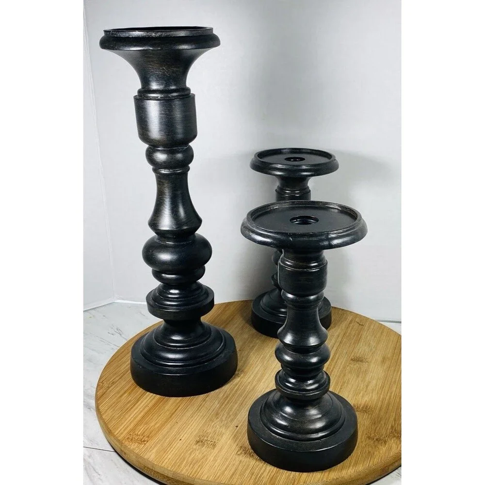 Hobby lobby Set of 3 Black Wood Pedestal Candlestick Holders 13.5” and 8.15”